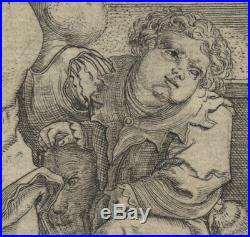 1525 LUCAS VAN LEYDEN Très rare gravure The Poet Virgil Suspended in a Basket