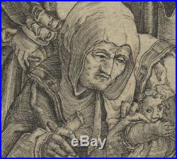 1525 LUCAS VAN LEYDEN Très rare gravure The Poet Virgil Suspended in a Basket