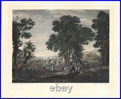 1816 Rare gravure aquarellée Claude Gellée La fête villageoise Paysage Danse