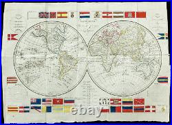 1820 Rare Mappemonde. Carte géographique ancienne. François Robert