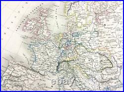 1846 Ancien Carte De Europe Rare Original Main Coloré Gravure 19th Siècle