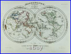 1846 Carte ancienne Mappemonde, par Barbié du Bocage. World map antique