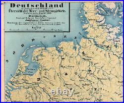 1858 Rare carte lithographie Allemagne vue des zones maritimes fleuves L. Ewald