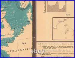 1858 Rare carte lithographie Courants marins océanographie marées Ludwig Ewald