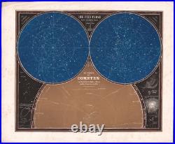1858 Rare carte lithographie Étoiles trajectoires des comètes astronomie L. Ewald