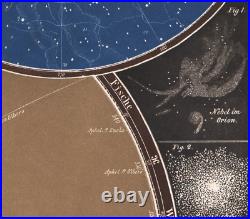 1858 Rare carte lithographie Étoiles trajectoires des comètes astronomie L. Ewald