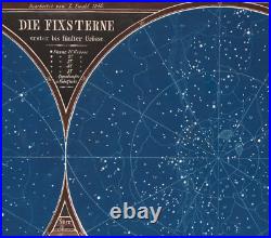 1858 Rare carte lithographie Étoiles trajectoires des comètes astronomie L. Ewald
