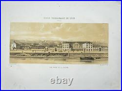 1873 École vétérinaire de Lyon Lithographie ancienne Quai Chauveau