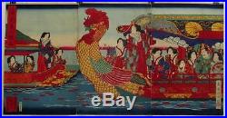 1885 estampe japonaise originale triptyque des beautés sur un bateau