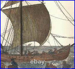 1900 Rare grande gravure aquarellée Port Bateaux turcs Commerce Méditerranée