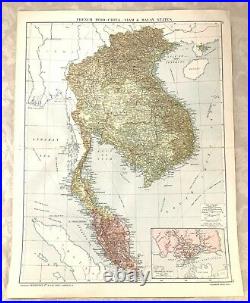 1919 Large Antique Carte De Français Indo Chine Singapore Vietnam Siam Cambodge
