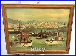 1940s Vintage Beau Très Rare Port De Gênes Italie Imprimé, Allemagne