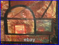 1986 Peinture à l'huile abstraite cubiste signée