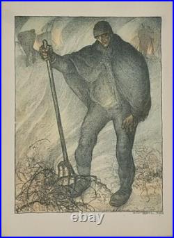 ANTO CARTE TRAVAILLEUR A LA FOURCHE LITOGRAPHIE ORIGINALE XIXe s