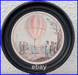 AUTHENTIQUE GRAVURE COULEUR FIN XVIIIe DIRIGEABLE (MONTGOLFIÈRE)Melle DESCHAMPS