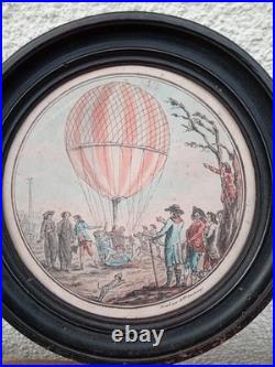 AUTHENTIQUE GRAVURE COULEUR FIN XVIIIe DIRIGEABLE (MONTGOLFIÈRE)Melle DESCHAMPS