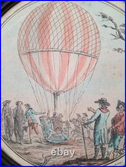 AUTHENTIQUE GRAVURE COULEUR FIN XVIIIe DIRIGEABLE (MONTGOLFIÈRE)Melle DESCHAMPS