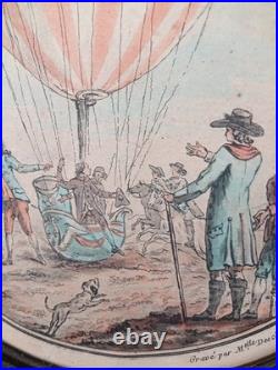 AUTHENTIQUE GRAVURE COULEUR FIN XVIIIe DIRIGEABLE (MONTGOLFIÈRE)Melle DESCHAMPS
