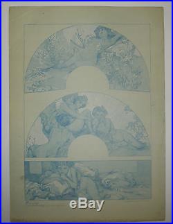 Alphonse MUCHA Figures DECORATIVES Lithographie ancienne en Bleu ART DECO