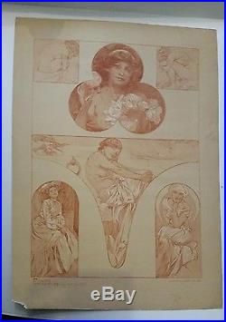 Alphonse MUCHA Figures DECORATIVES Lithographie ancienne en SanguineART DECO