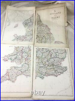Ancien Carte De Angleterre Et Pays Galles Main Coloré 19th Siècle Grand