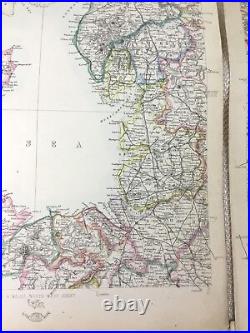 Ancien Carte De Angleterre Et Pays Galles Main Coloré 19th Siècle Grand