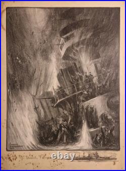 Ancienne Gravure Lithographie Charles Fouqueray Bateau La Fin Du Bouvet 1915