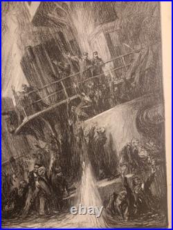 Ancienne Gravure Lithographie Charles Fouqueray Bateau La Fin Du Bouvet 1915