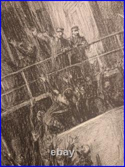 Ancienne Gravure Lithographie Charles Fouqueray Bateau La Fin Du Bouvet 1915