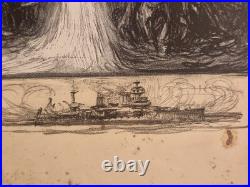Ancienne Gravure Lithographie Charles Fouqueray Bateau La Fin Du Bouvet 1915