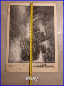 Ancienne Gravure Lithographie Charles Fouqueray Bateau La Fin Du Bouvet 1915