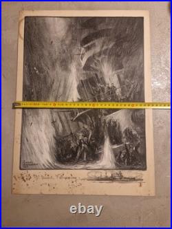 Ancienne Gravure Lithographie Charles Fouqueray Bateau La Fin Du Bouvet 1915