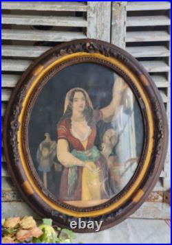Ancienne Litho Gravure Sous Cadre Ovale En Bois Decor De Roses Sculptees