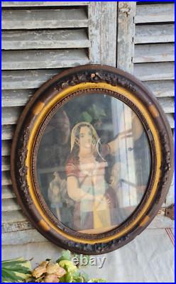 Ancienne Litho Gravure Sous Cadre Ovale En Bois Decor De Roses Sculptees