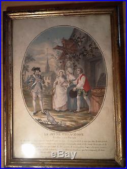 Ancienne gravure peinte la jeune villageoise rendue a ses parents XVIII ème