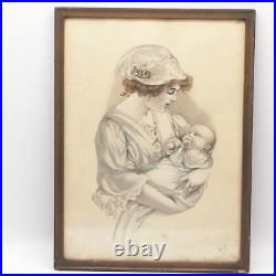 Antique Imprimé Vintage Mère Et Bébé Enfant Encadré