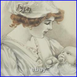 Antique Imprimé Vintage Mère Et Bébé Enfant Encadré