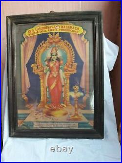Antique VTG Litho Print hindou déesse Saraswati palissandre encadré