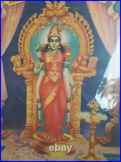 Antique VTG Litho Print hindou déesse Saraswati palissandre encadré