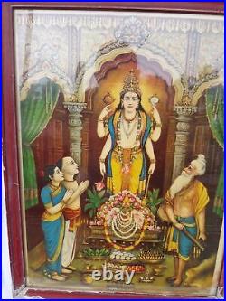 Antique Vintage Old Print Hindu Temple Litho Print Lord Maha Vishnu Encadré