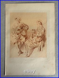 Antoine Watteau Gravure Eau Forte Sanguine Etching Joueurs De Cornemuse Bagpipe