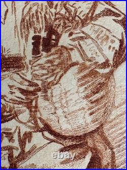 Antoine Watteau Gravure Eau Forte Sanguine Etching Joueurs De Cornemuse Bagpipe