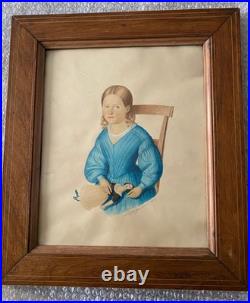 Aquarelle Portrait jeune fille à la poupée H. O GARIGUE-PINXILS circa 1842