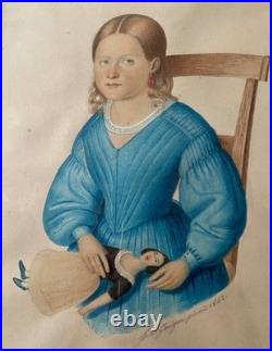 Aquarelle Portrait jeune fille à la poupée H. O GARIGUE-PINXILS circa 1842