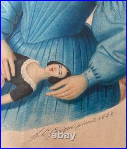 Aquarelle Portrait jeune fille à la poupée H. O GARIGUE-PINXILS circa 1842