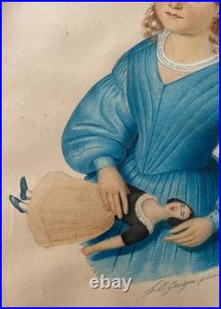 Aquarelle Portrait jeune fille à la poupée H. O GARIGUE-PINXILS circa 1842