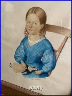 Aquarelle Portrait jeune fille à la poupée H. O GARIGUE-PINXILS circa 1842