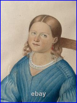 Aquarelle Portrait jeune fille à la poupée H. O GARIGUE-PINXILS circa 1842