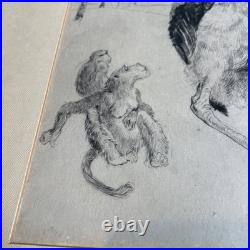 BRACQUEMOND Gravure En Noir signée Au Crayon Singes Et Oiseau Bel État Rare