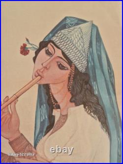 Belle Affiche Orientaliste Musicienne Du Peintre Tunisien Ben Abdallah Jellal